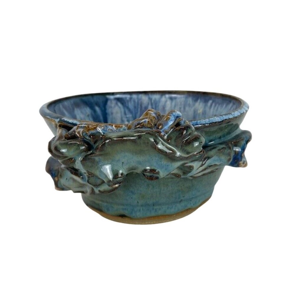 Artisan Pottery Bowl Wheel Thrown Handmade Crab Coastal Decor Signed
